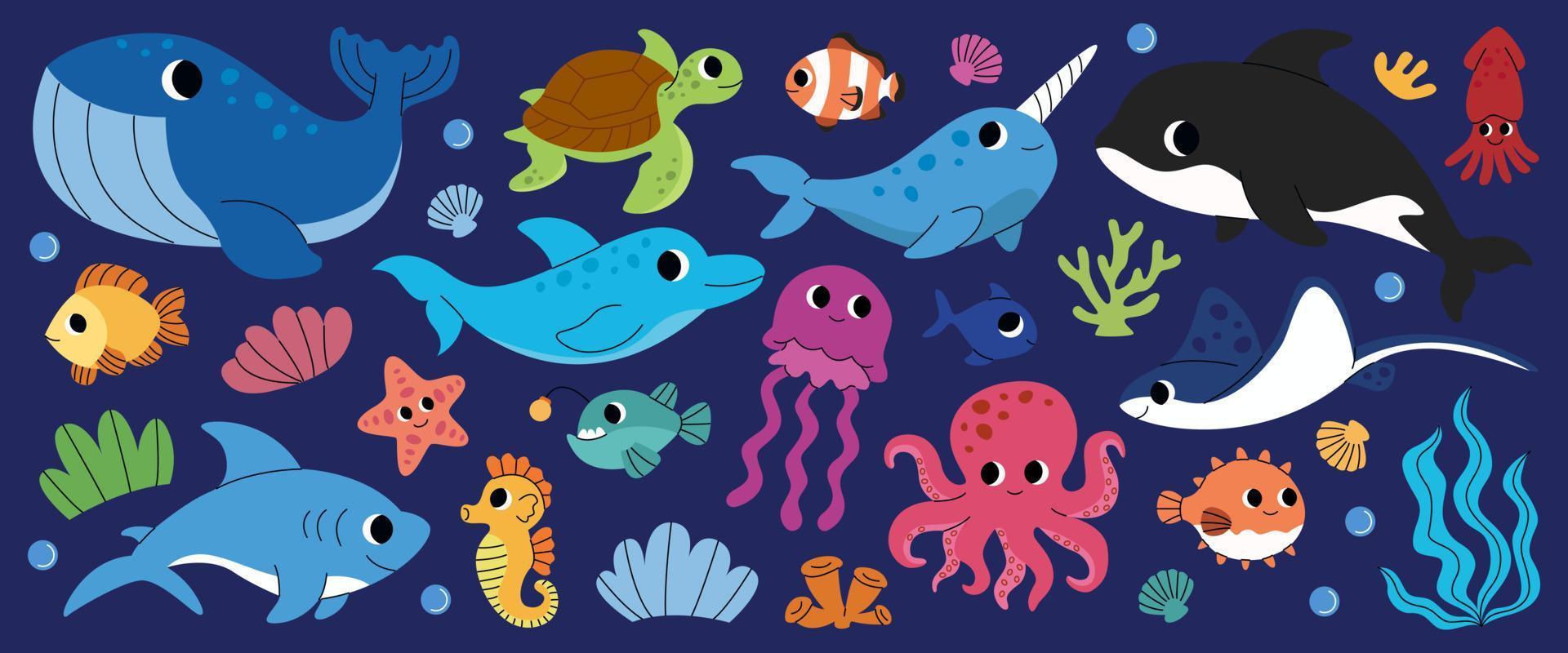 Reihe von Meerestieren. kindliche Wasserschildkröte, Wal, Narwal, Delfin, Krake, Hai, Qualle, Seepferdchen, Fische, Koralle, Killerwal. bewohner des meeres, ozean unterwasserwelt. vektor