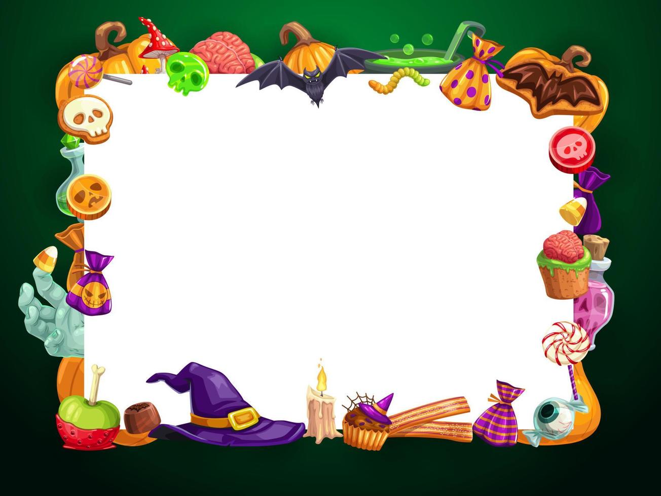 ram av halloween sötsaker, godis och godis, hatt vektor