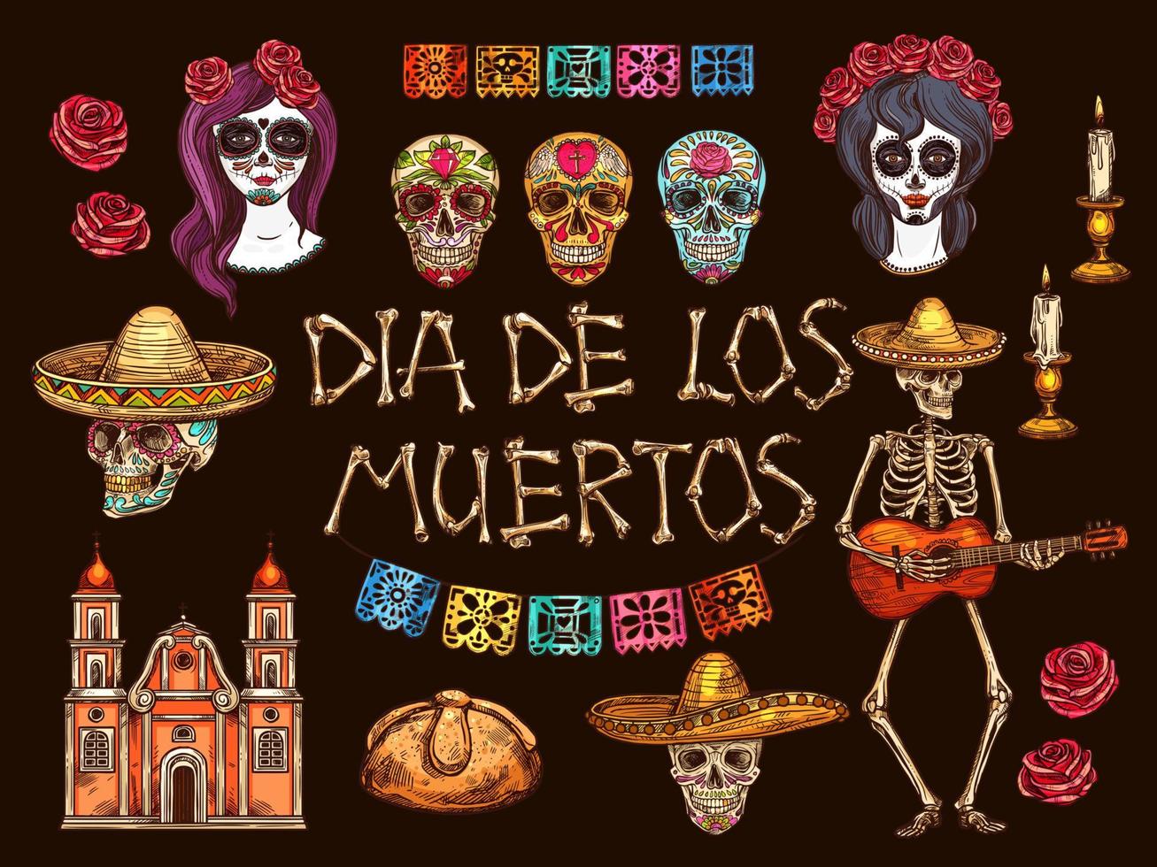 mexikanischer tag der toten schädel- und skelettsymbole vektor