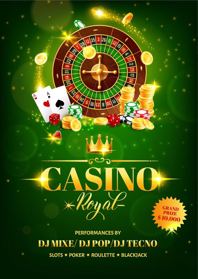 Casino-Glücksspiel-Flyer, Roulette, Chips, Würfel vektor