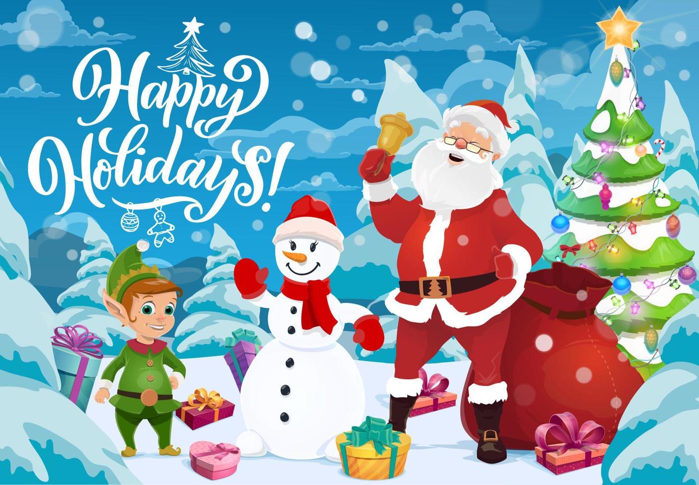 santa mit weihnachtsglocke, geschenken, schneemann und elf vektor