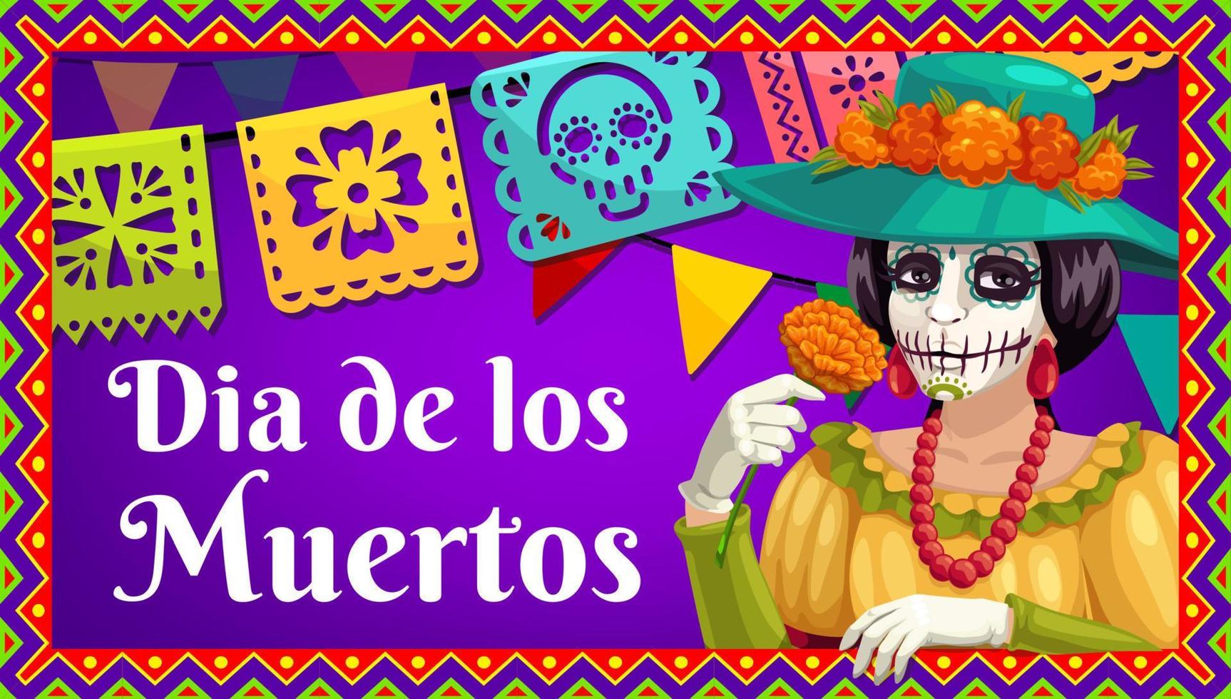 dia de los muertos catrina med ringblomma och flaggor vektor