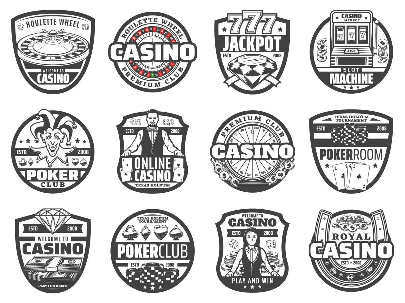 Casino-Roulette-Räder, Jetons, Würfel, Pokerkarten vektor