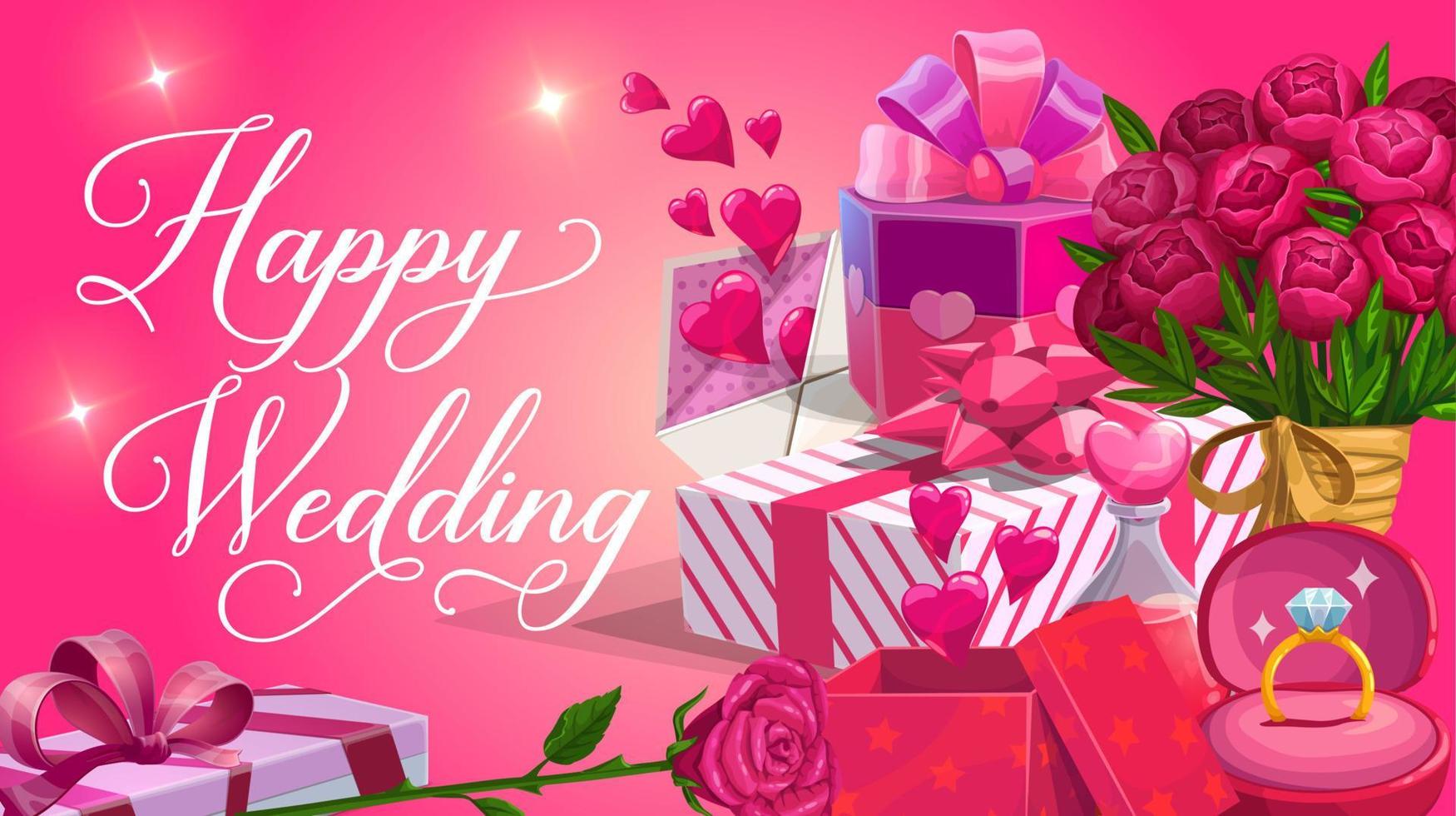 bröllop dag hälsningar, blommor och gåvor, hjärtan vektor