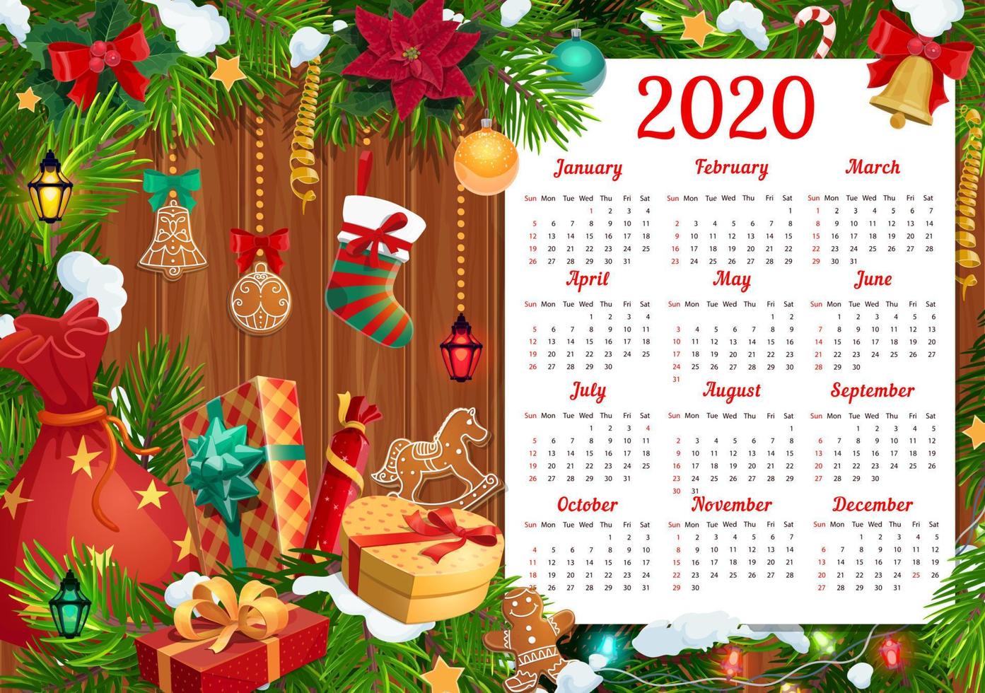 neujahrskalender mit weihnachtsgeschenken, weihnachtsbaum vektor
