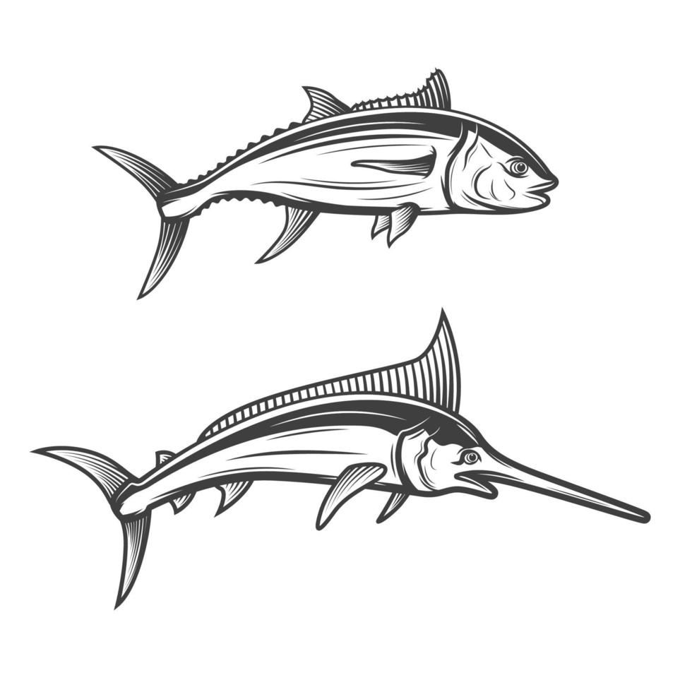 Schwertfisch und Thunfisch isolierte monochrome Symbole vektor