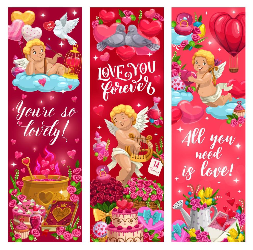 Amoren, rote Herzen und Liebesgeschenke zum Valentinstag vektor