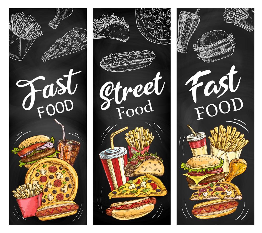 Fast-Food-Burger, Hot Dogs, Limonade und Pizza vektor