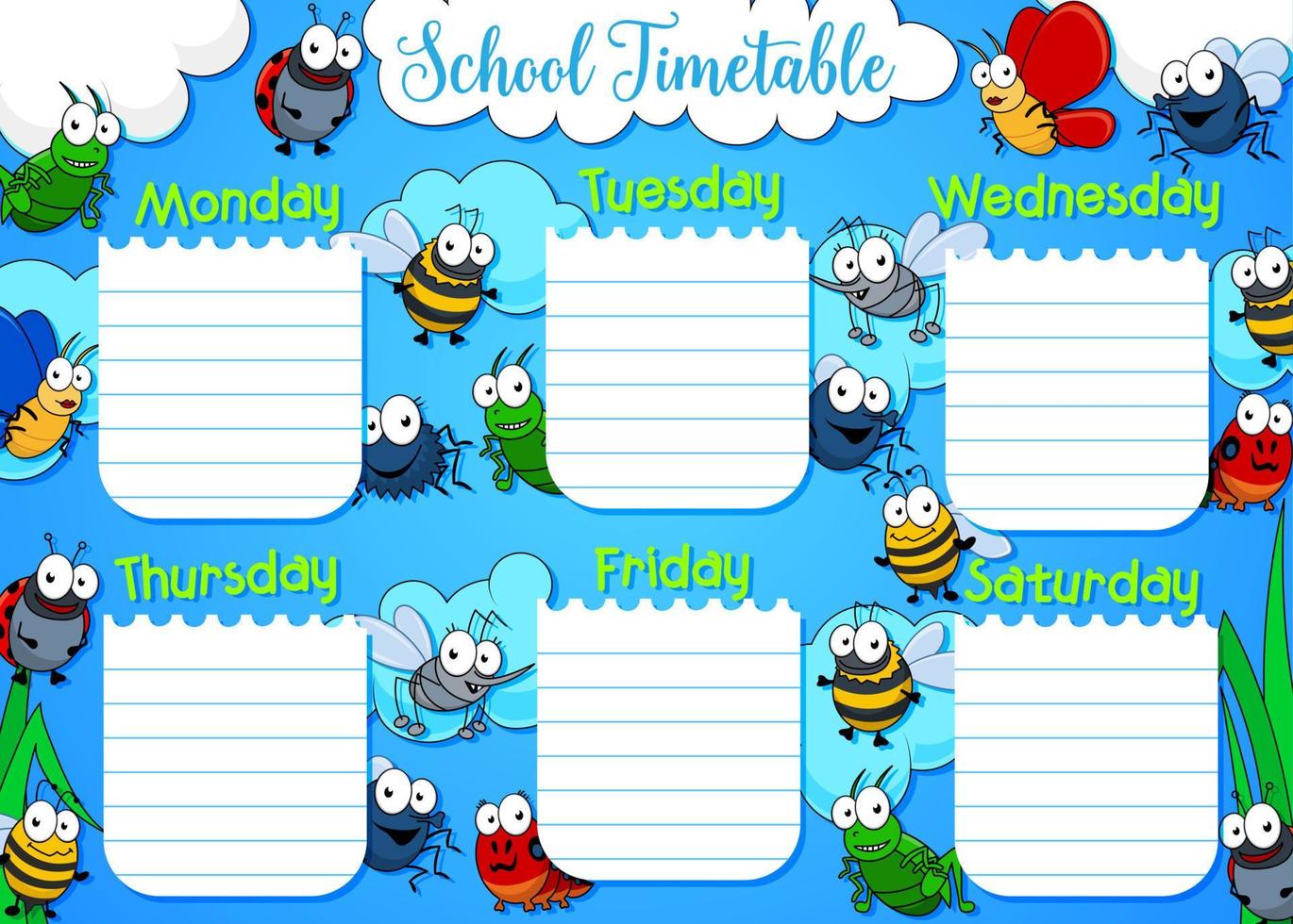 skola tidtabell vecka schema, tecknad serie insekter vektor