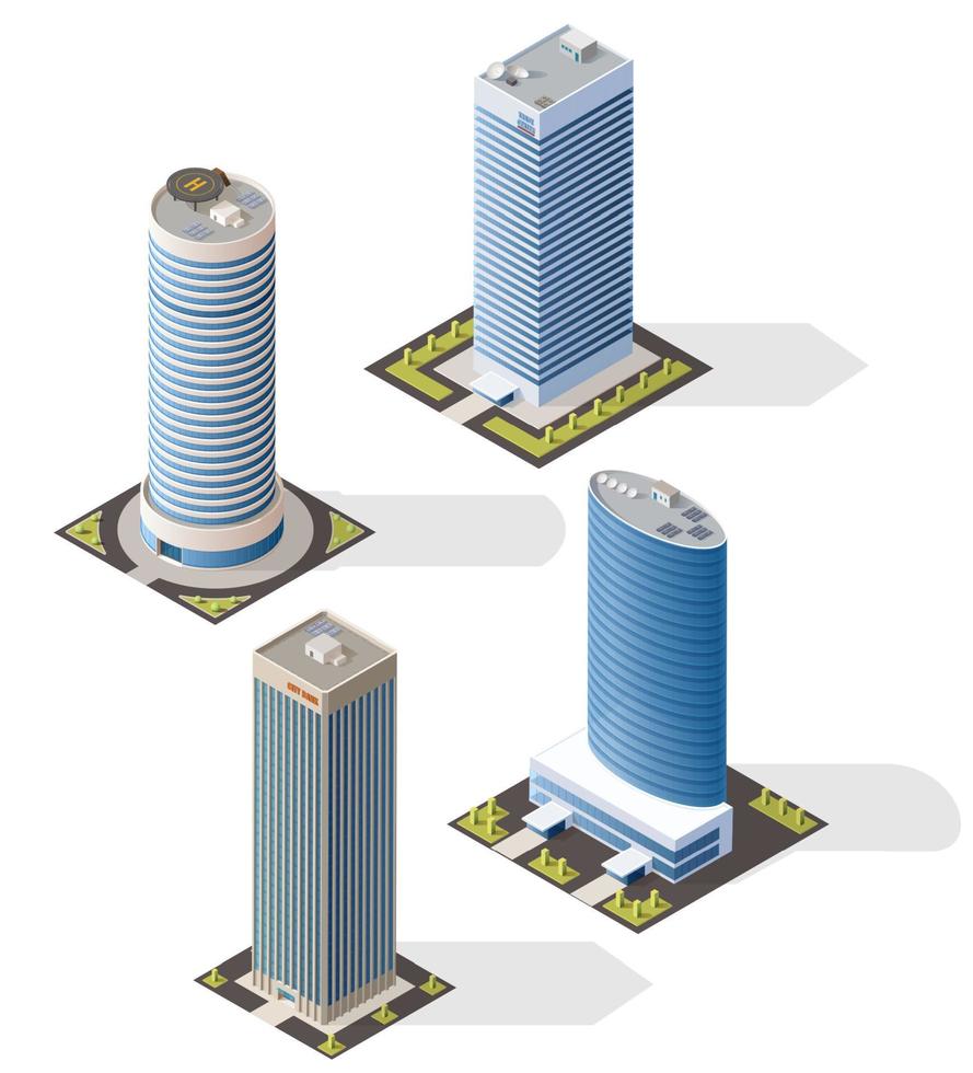 isometrische ikonen des wolkenkratzergebäudes der bankniederlassung vektor
