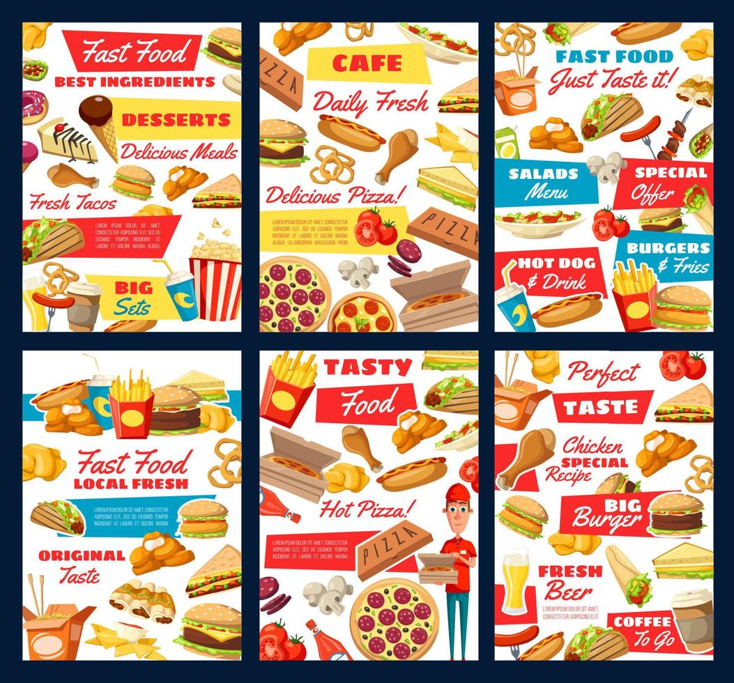 Fast-Food-Pizza, Hamburger, Pommes, Hot Dog, Soda vektor