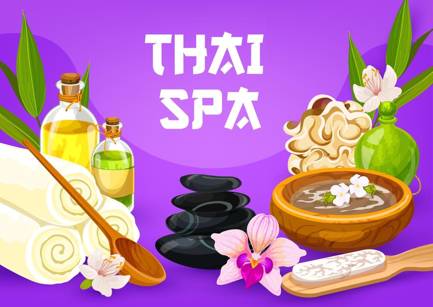 Thai-Massage-Spa-Öl und -Steine, Handtücher und Schwamm vektor