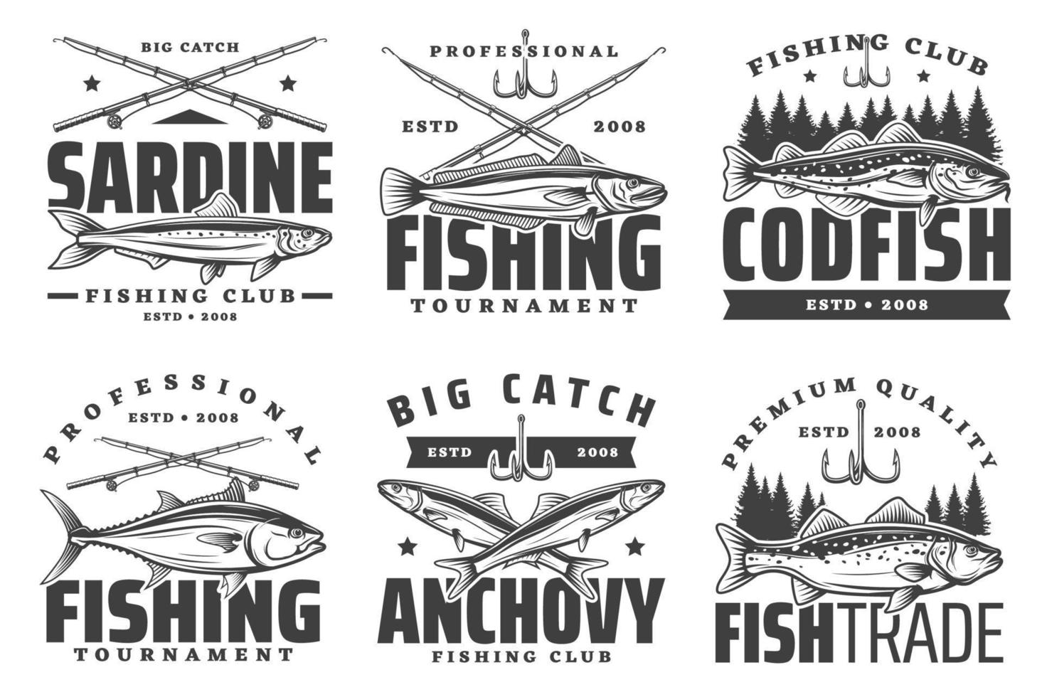 ikonen für das angeln von sardellen, sardinen und kabeljau vektor
