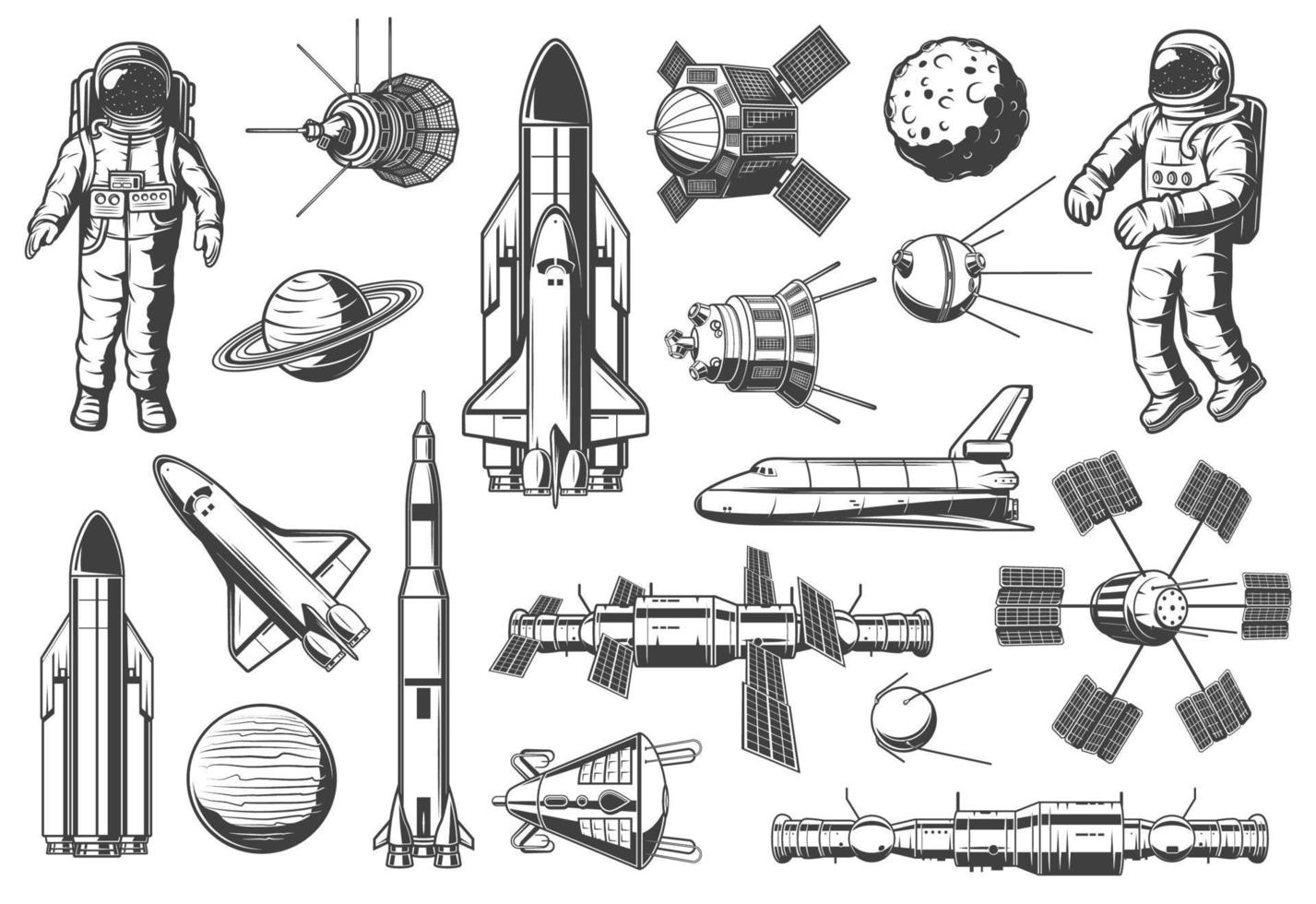 astronomi och yttre Plats, raketer skyttlar ikoner vektor