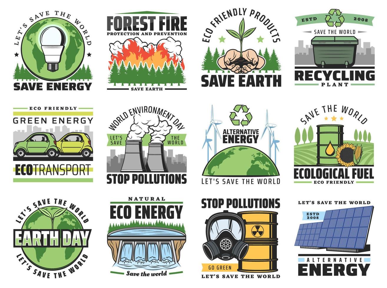 rette die natur, stoppe die umweltverschmutzung öko-symbole vektor