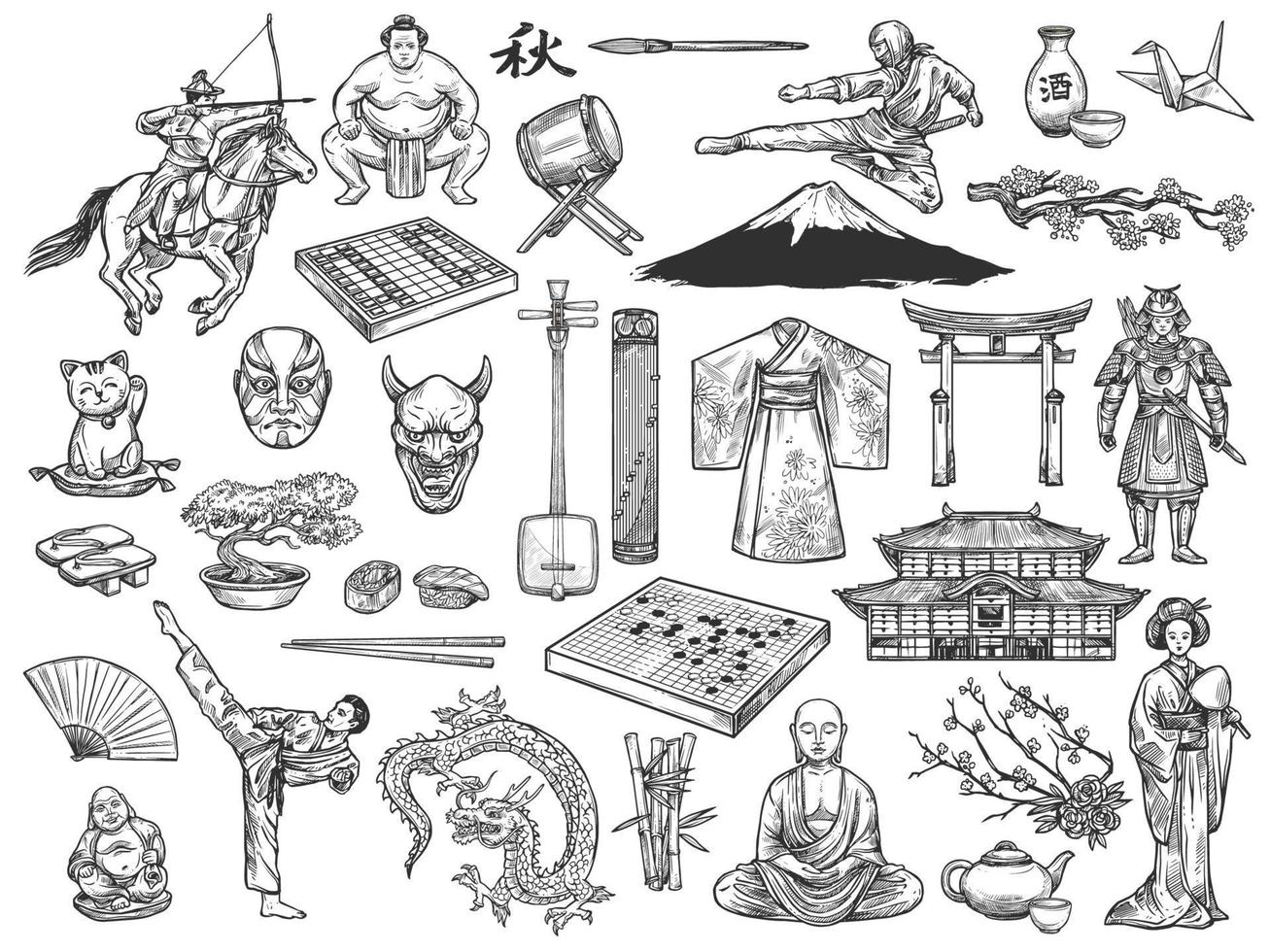 japanische kultursymbole, geschichtstraditionsskizze vektor
