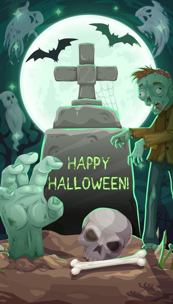kyrkogård på halloween natt, gravsten och zombie vektor