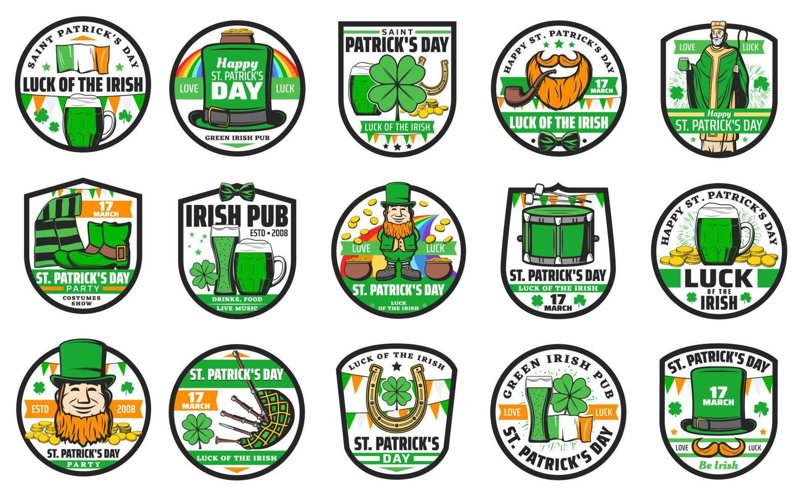 st patrick, irischer kobold, kleeblatt, bierikonen vektor