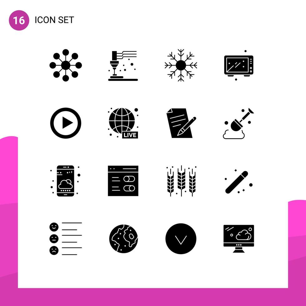 moderner Satz von 16 soliden Glyphen-Piktogrammen von Video-Küchenflocken, die editierbare Vektordesign-Elemente backen vektor