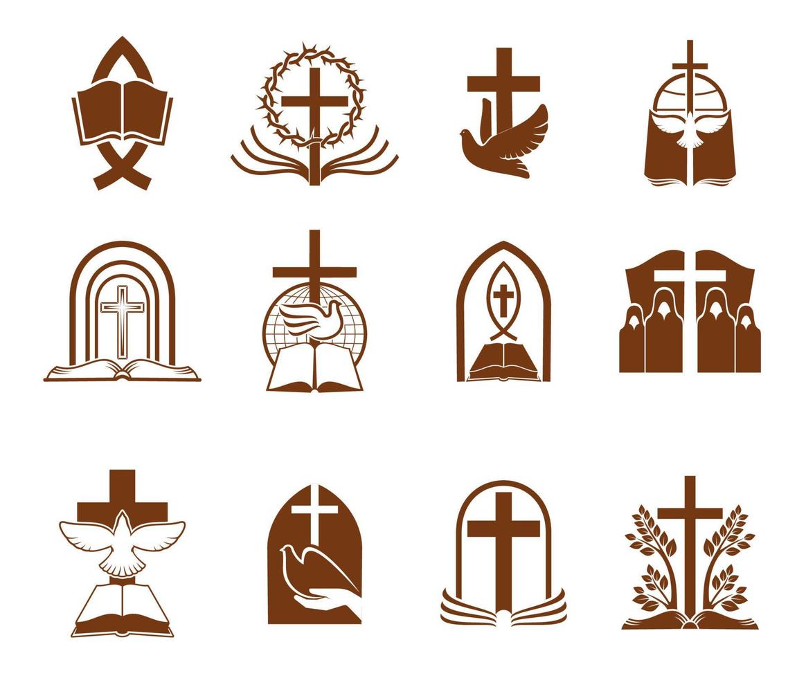 kristna religion korsa, bibel och Gud duva ikoner vektor