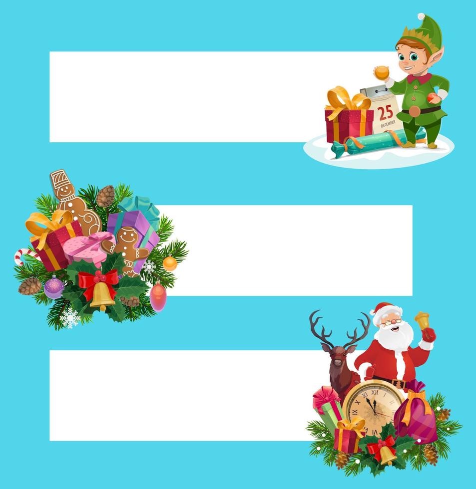 weihnachtsmann, weihnachtsgeschenke und elf. Weihnachtsbanner vektor