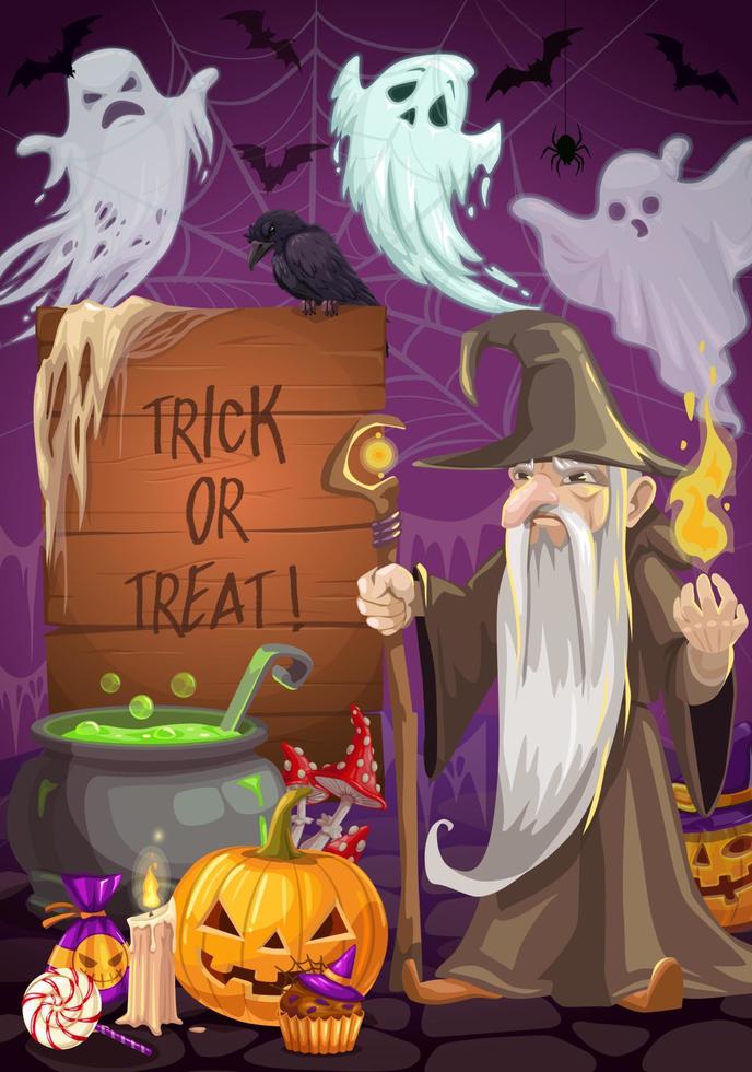 Halloween-Trank, Zauberer und Geist. Süßes oder Saures vektor