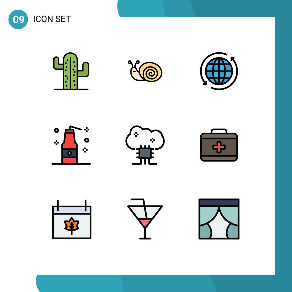 Gruppe von 9 gefüllten flachen Farben Zeichen und Symbolen für Cloud-basierte Dienste Terrorismus globale Flasche Pfeil editierbare Vektordesign-Elemente vektor