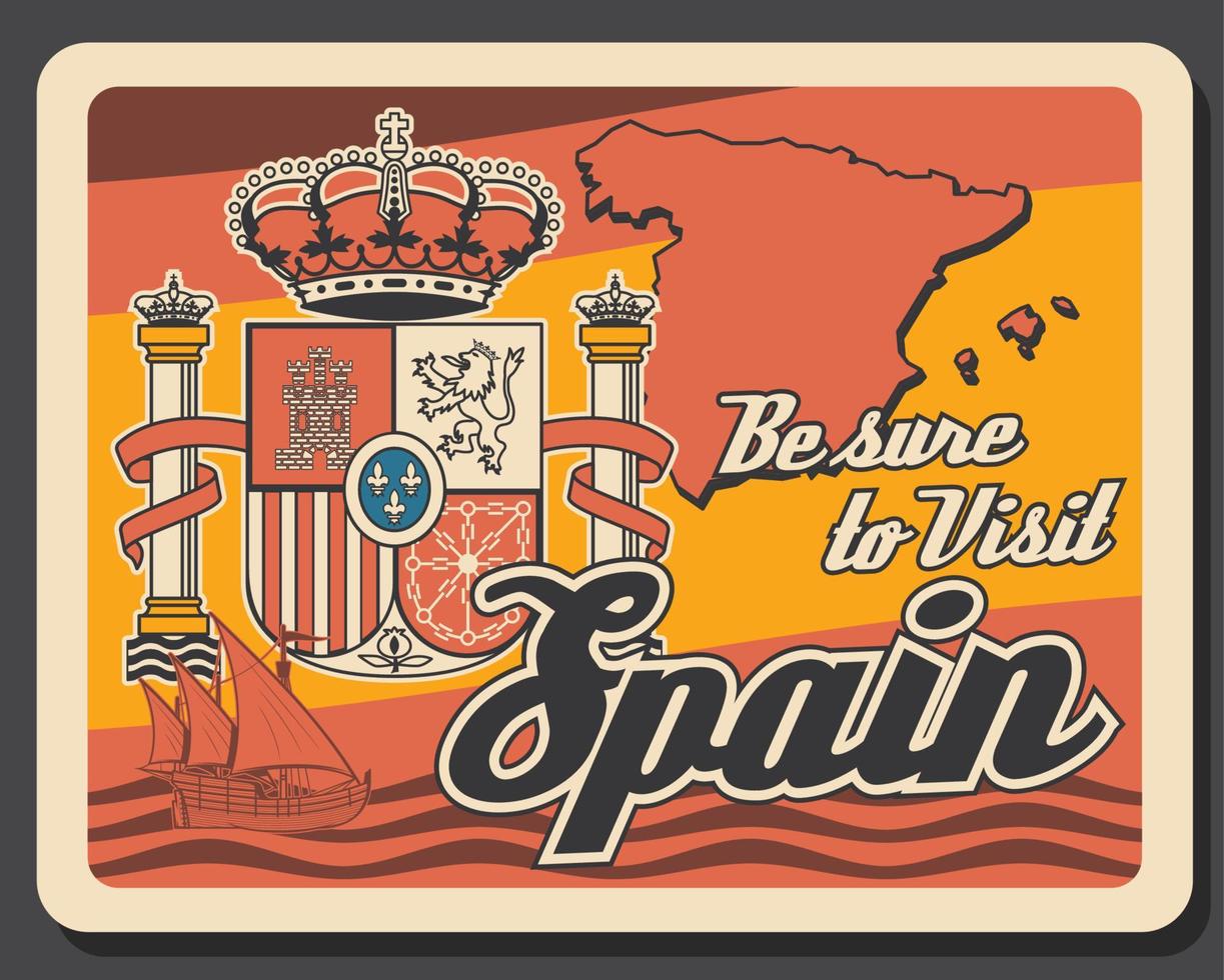 reise nach spanien retro-poster mit karte und krone vektor