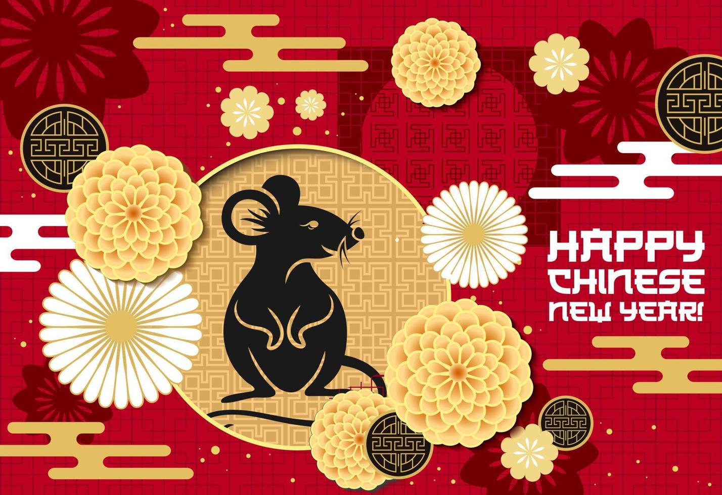 kinesisk ny år, papperssår råtta och blommor mönster vektor