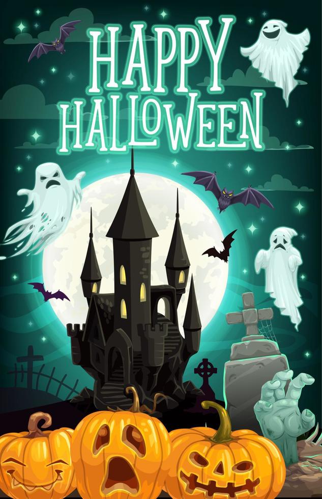 halloween spöken och pumpor med besatt hus vektor