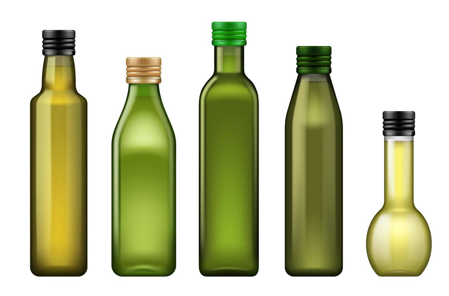 grön glas flaskor av oliv, solros, majs olja vektor