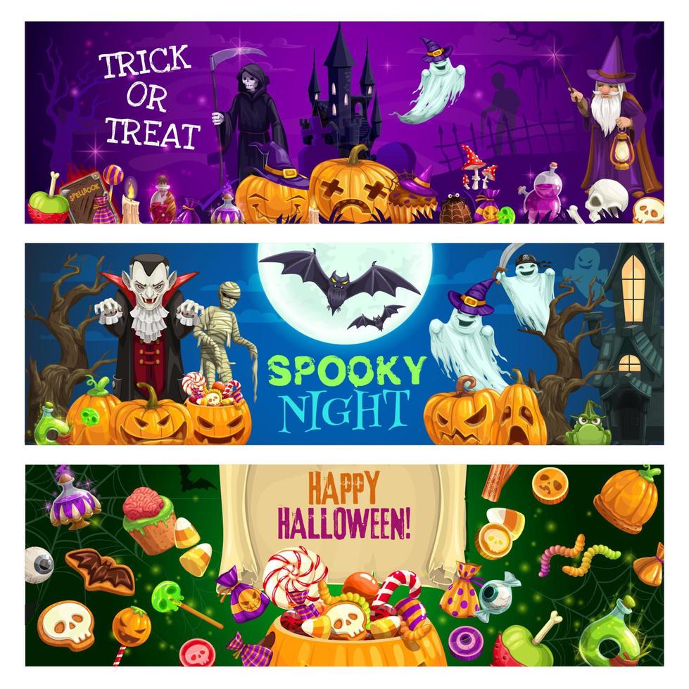halloween pumpor, godis, spöken, vampyr, fladdermöss vektor