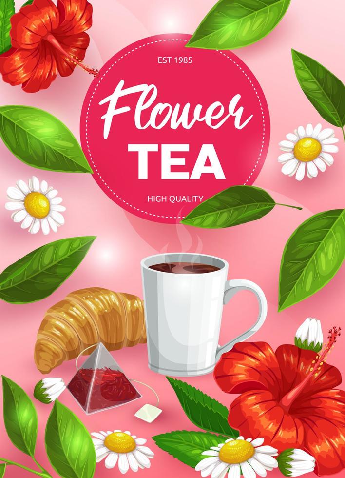 te kopp med ört- tepåse, grön löv, blommor vektor