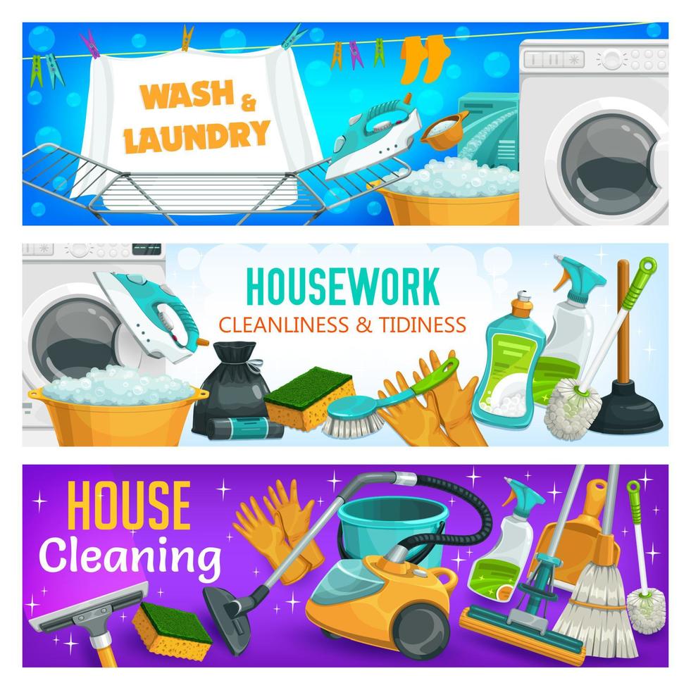 hushållsarbete rengöring, rena tvätt tvättning banderoller vektor
