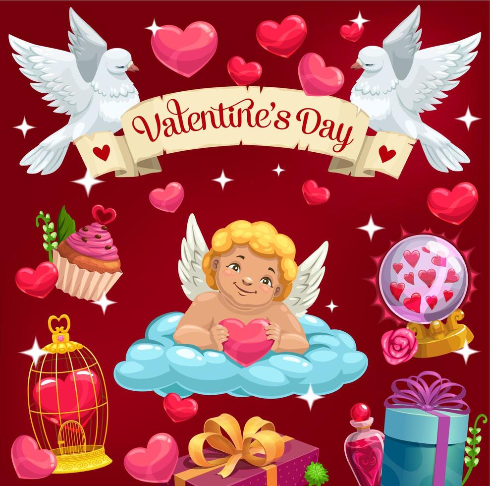 valentine dag, cupid ängel och kärlek hjärta på moln vektor