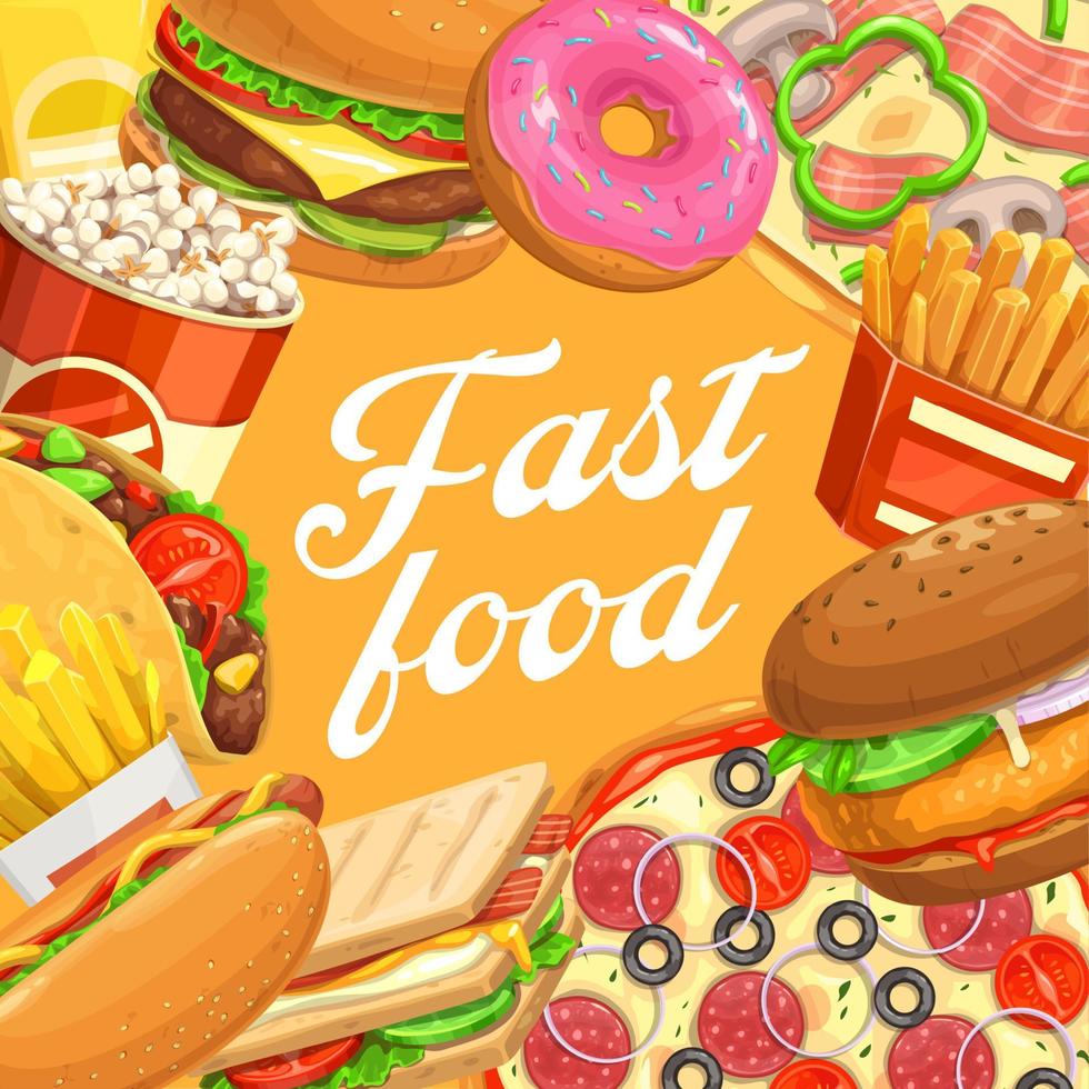 Fast-Food-Hamburger, Hot Dog, Taco, Pizza, Popcorn vektor