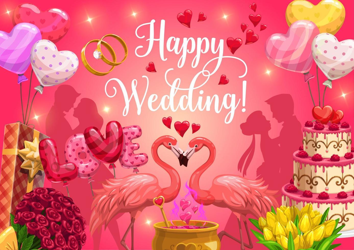 Fröhliche Hochzeitskalligrafie, Herzballons und Kuchen vektor