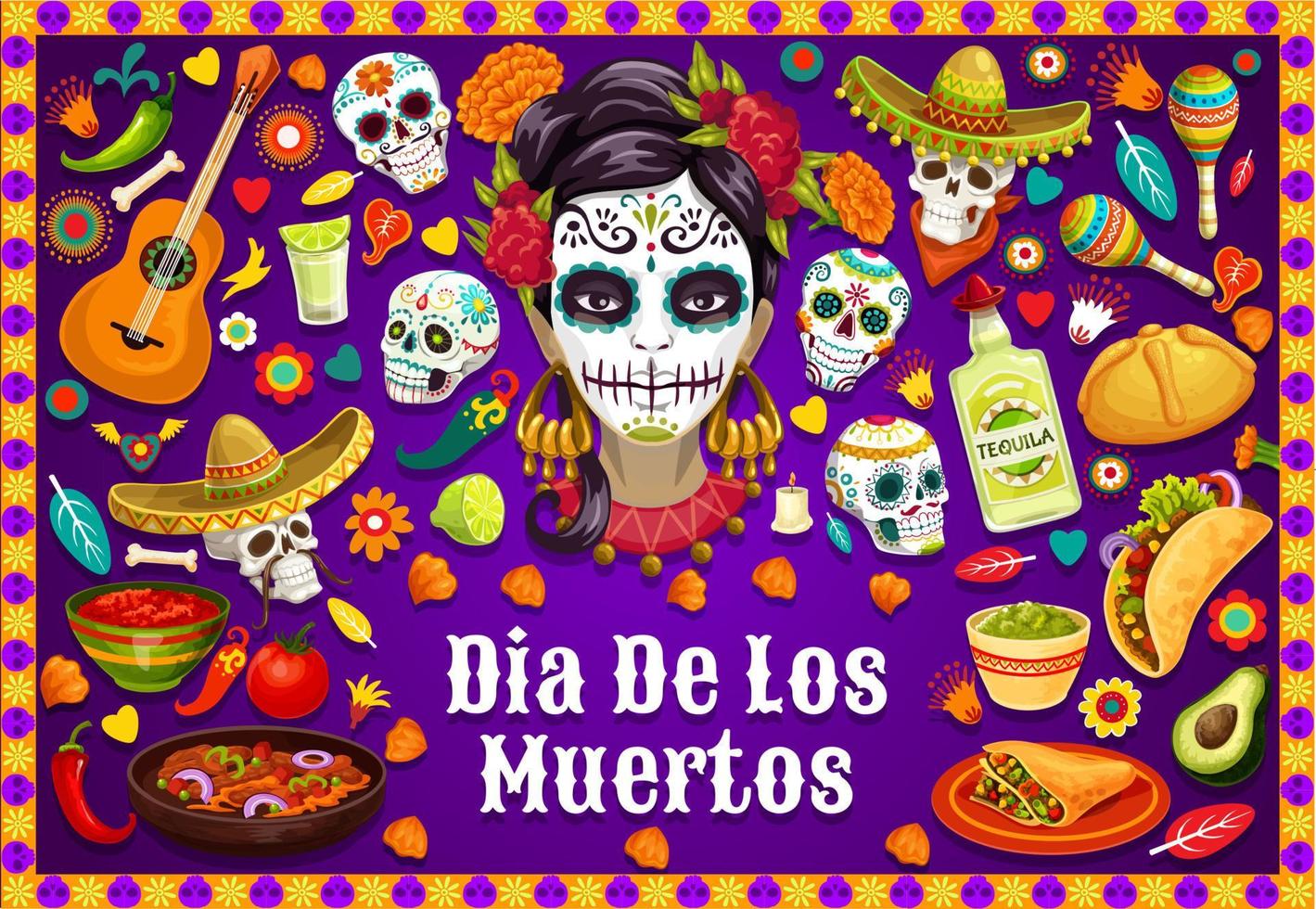 dia de los muertos mexikansk skallar och fiesta mat vektor