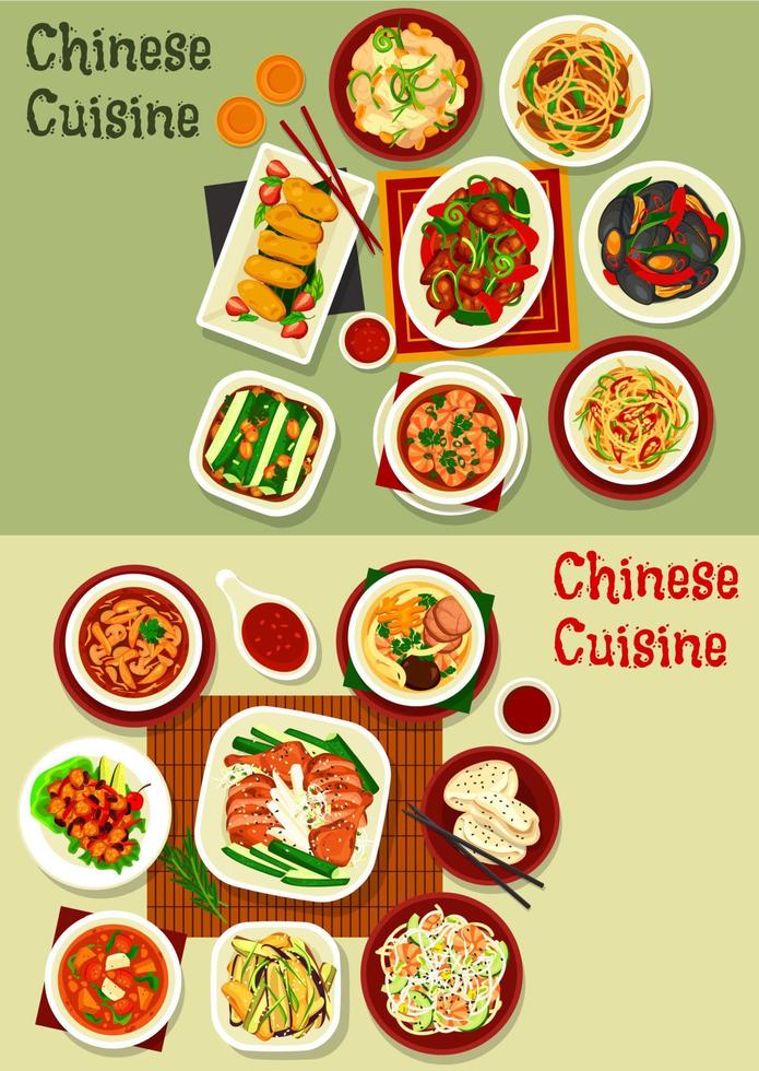 chinesische und asiatische gerichte mit meeresfrüchten, fleisch, gemüse vektor