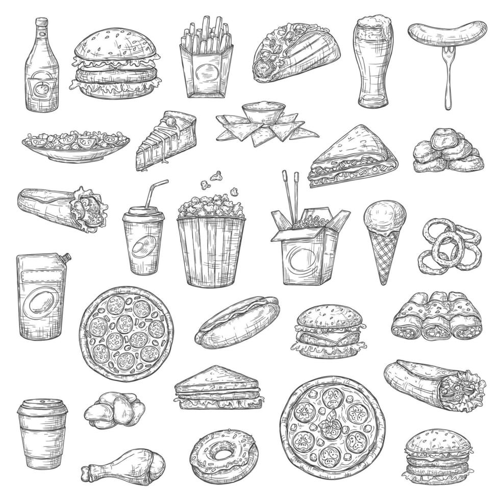 Fast-Food-Burger, Getränke und Desserts vektor