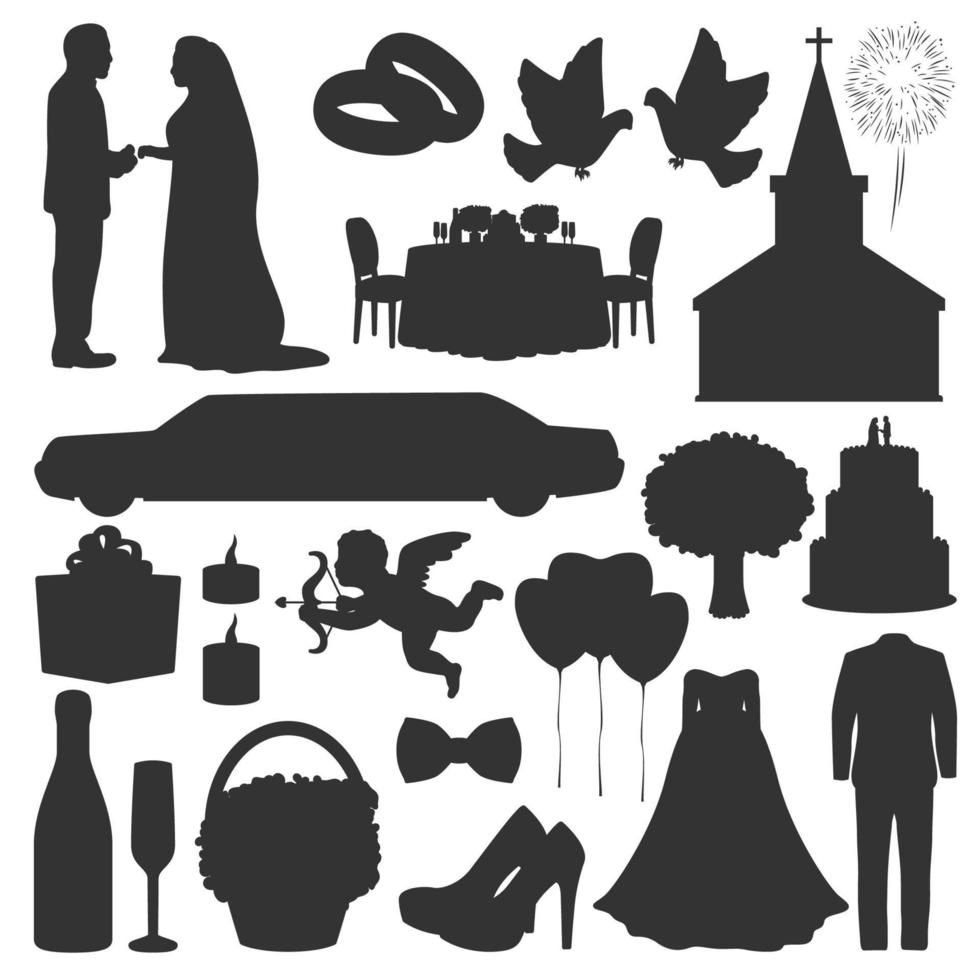 bröllop, kärlek, äktenskap ceremoni silhuett ikoner vektor