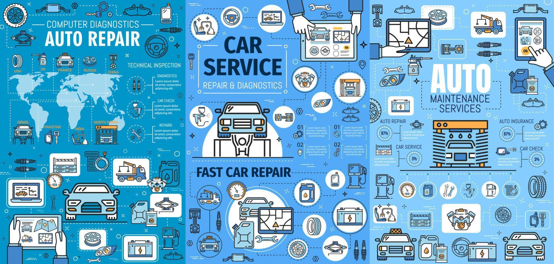 autoservice-infografiken mit diagrammen und weltkarte vektor