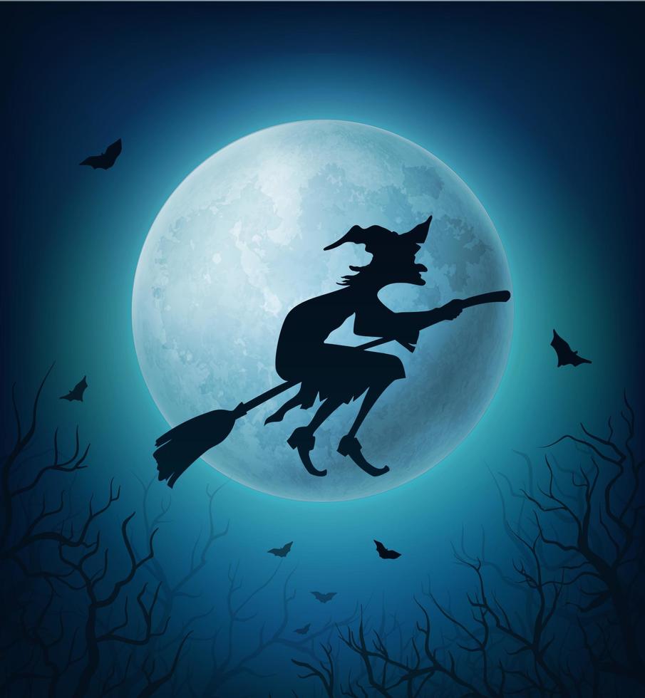 Halloween-Hexe auf Besen mit Fledermäusen gegen Mond vektor