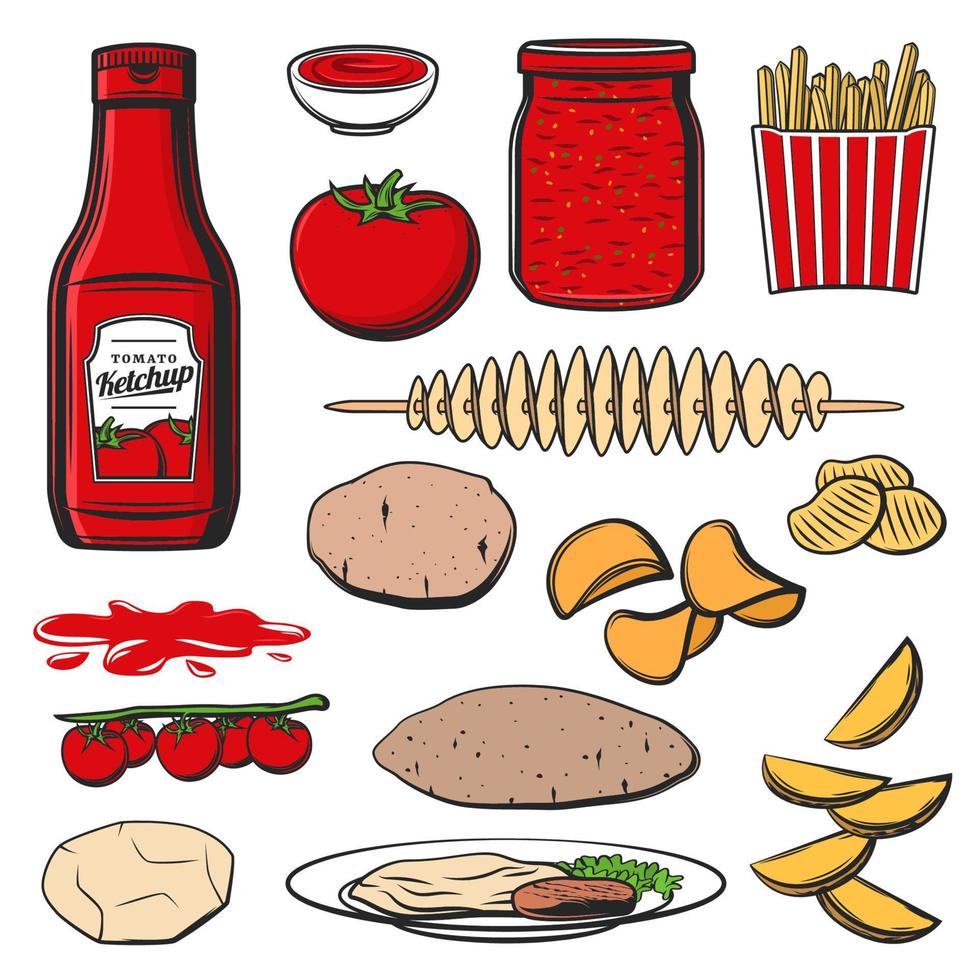 tomat Produkter, ketchup sås och snacks mat vektor