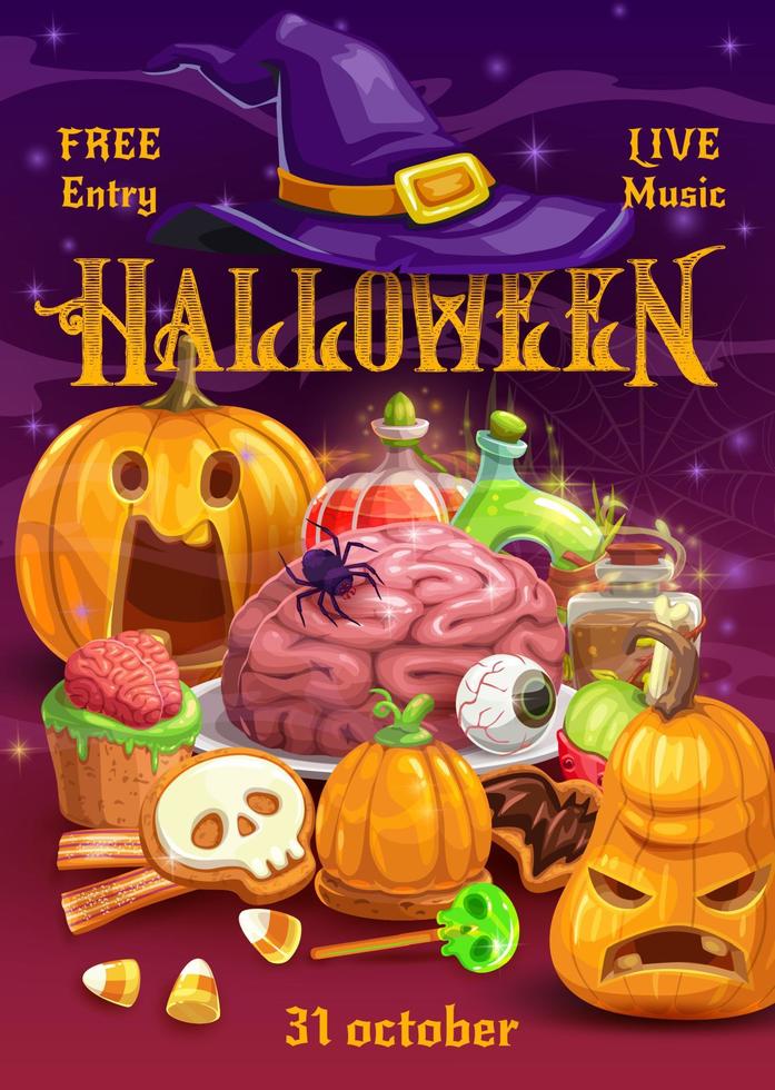halloween-kürbisse mit süßigkeiten, hexenhut, trank vektor