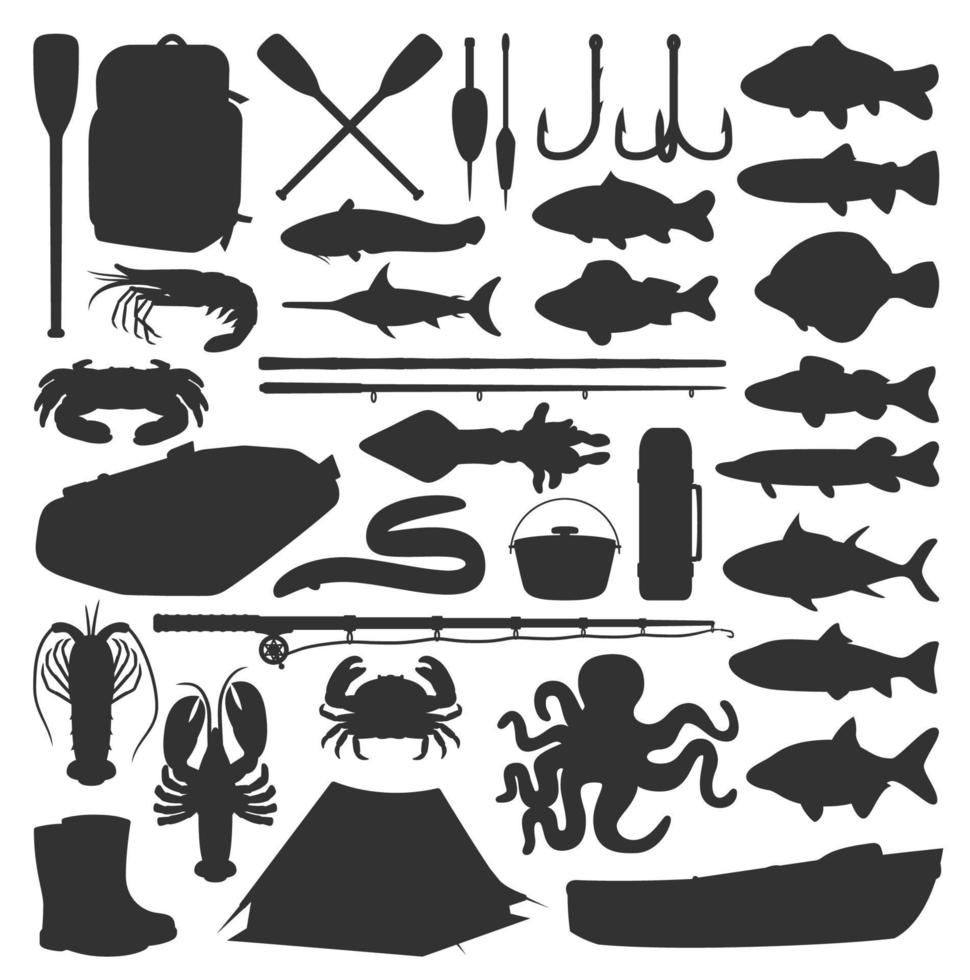 Fischerei-Silhouette-Symbole, Fischfangausrüstung vektor