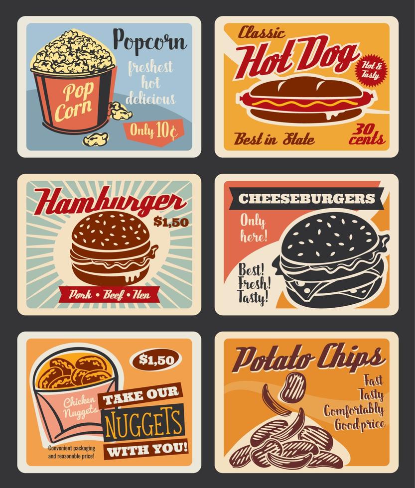 vektor retro snabb mat hamburgare och snacks posters