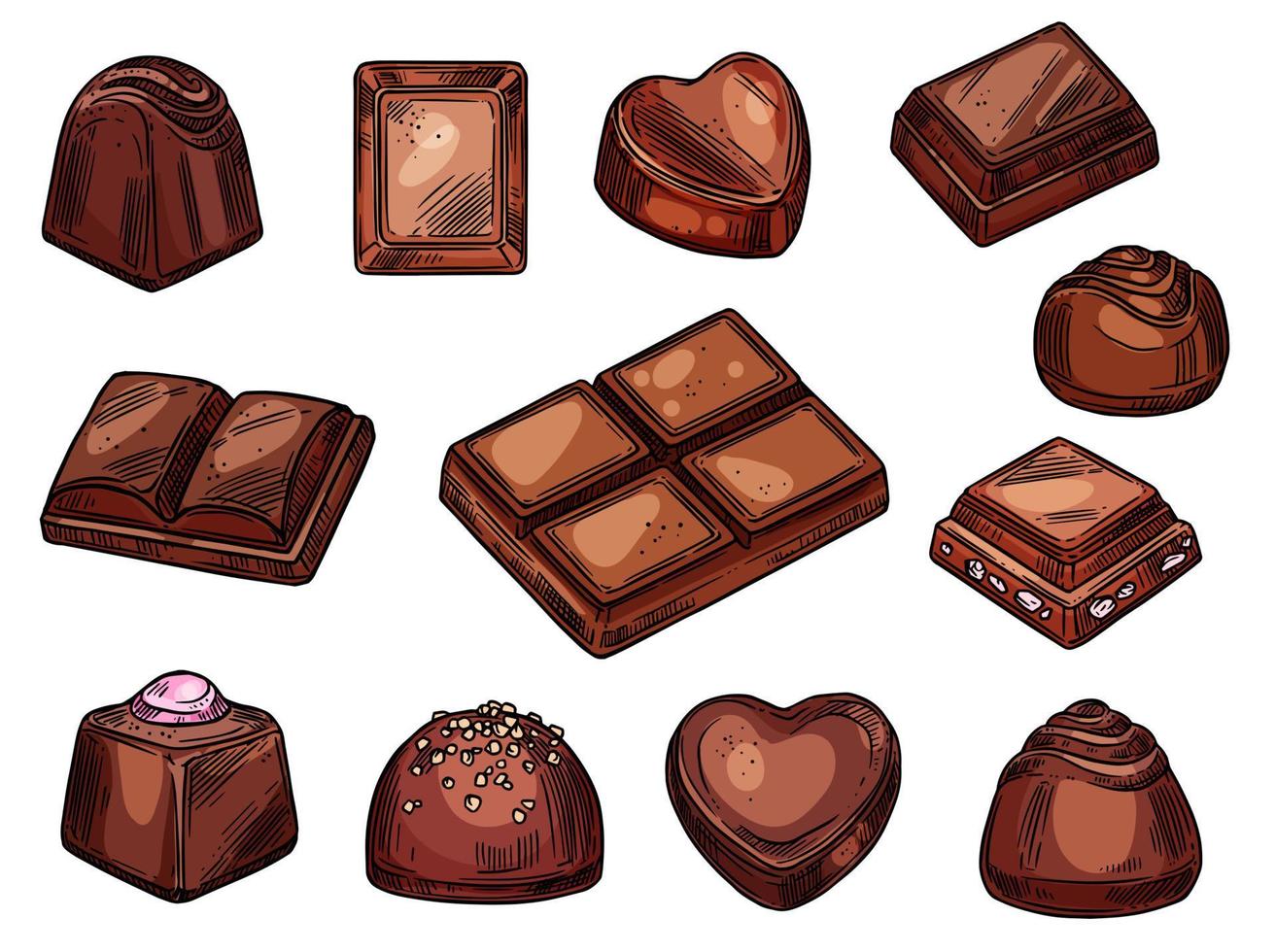 choklad ikoner, choco godis och sötsaker skiss vektor
