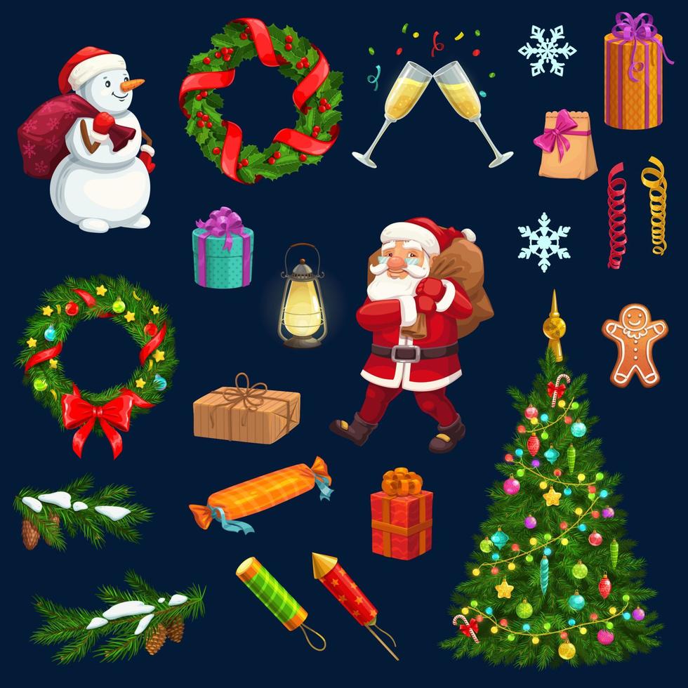 weihnachtsbaum, geschenk, weihnachtsmann, schneemann, schneeikonen vektor