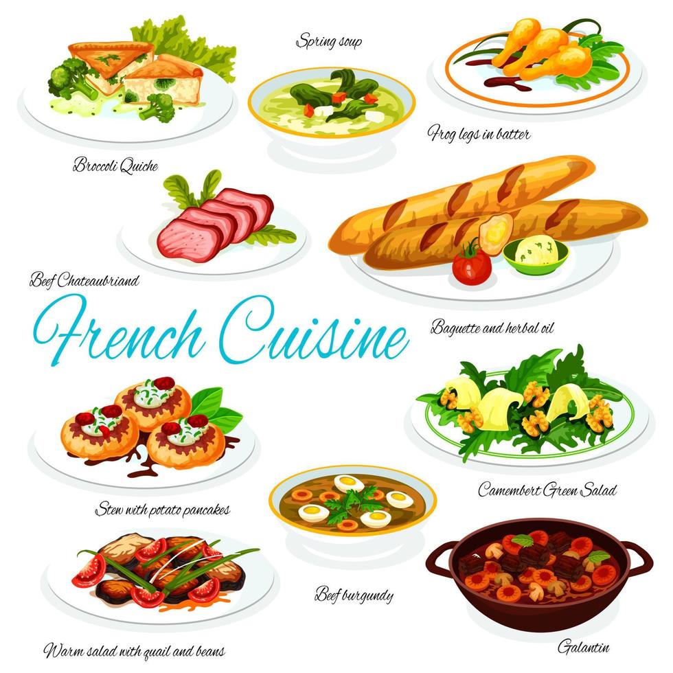 franska kök kött, vegetabiliska måltider vektor